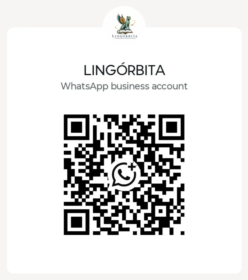 Código QR de Lingórbita para información sobre clases de inglés y español online por WhatsApp.