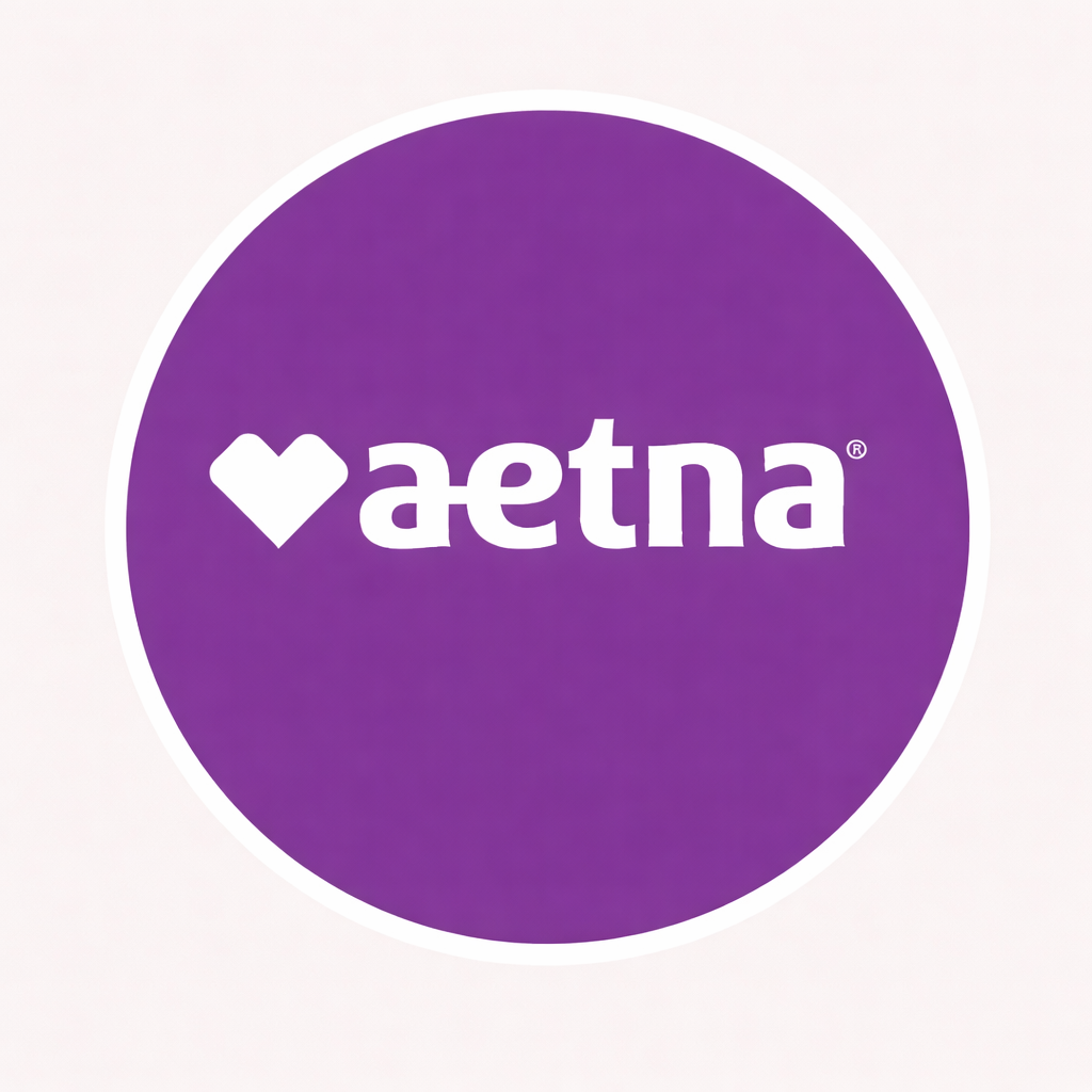 Aetna logo with a purple background and white heart-shaped icon.