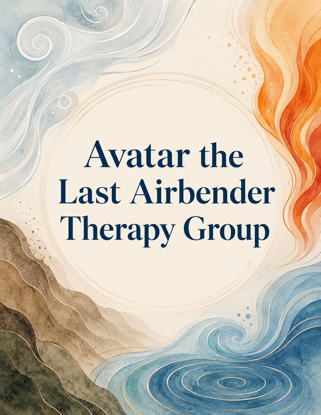 Group Therapy titled 'Balance & Belonging: Group Therapy for Fans of Avatar: The Last Airbender' by Allen Shamon, featuring animated characters from the show sitting around a campfire.