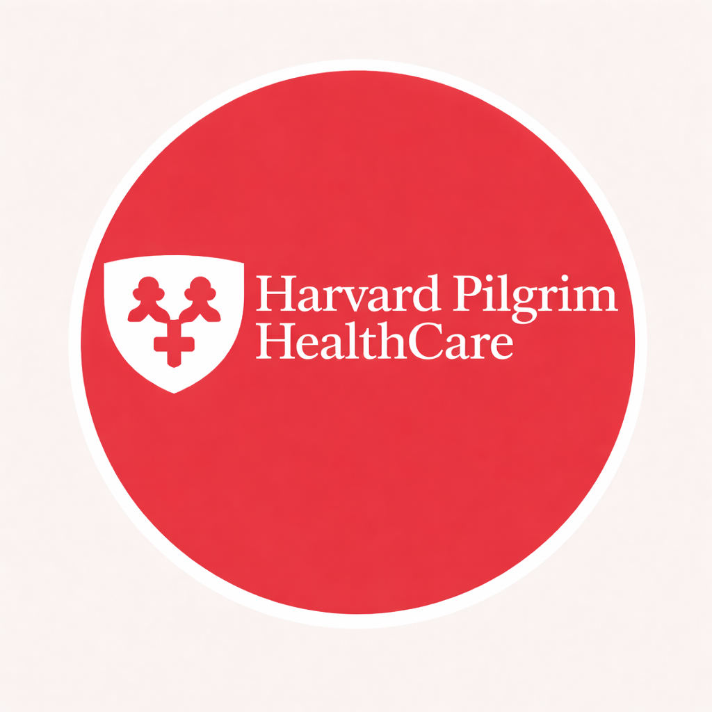 Red background with a white shield crest featuring three stylized human figures and the text 'Harvard Pilgrim' underneath.