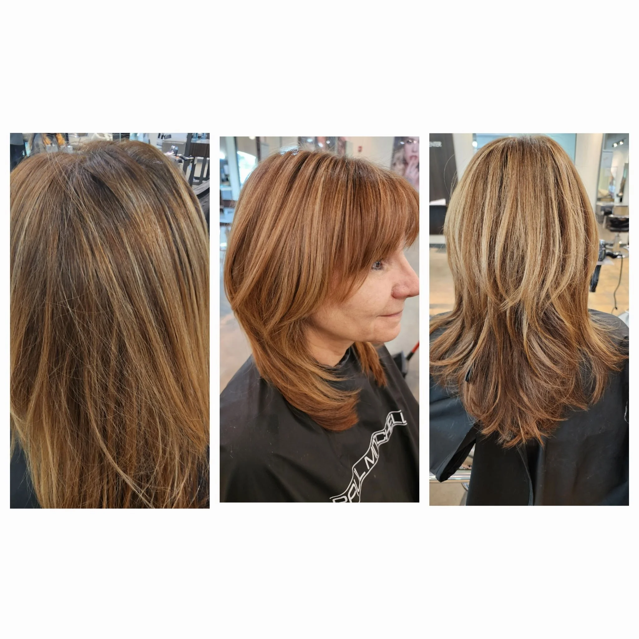Three photos of a woman with layered reddish-brown hair, showcasing a hair transformation at a salon.