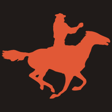 Orange silhouette of a person riding a running horse against a black background.