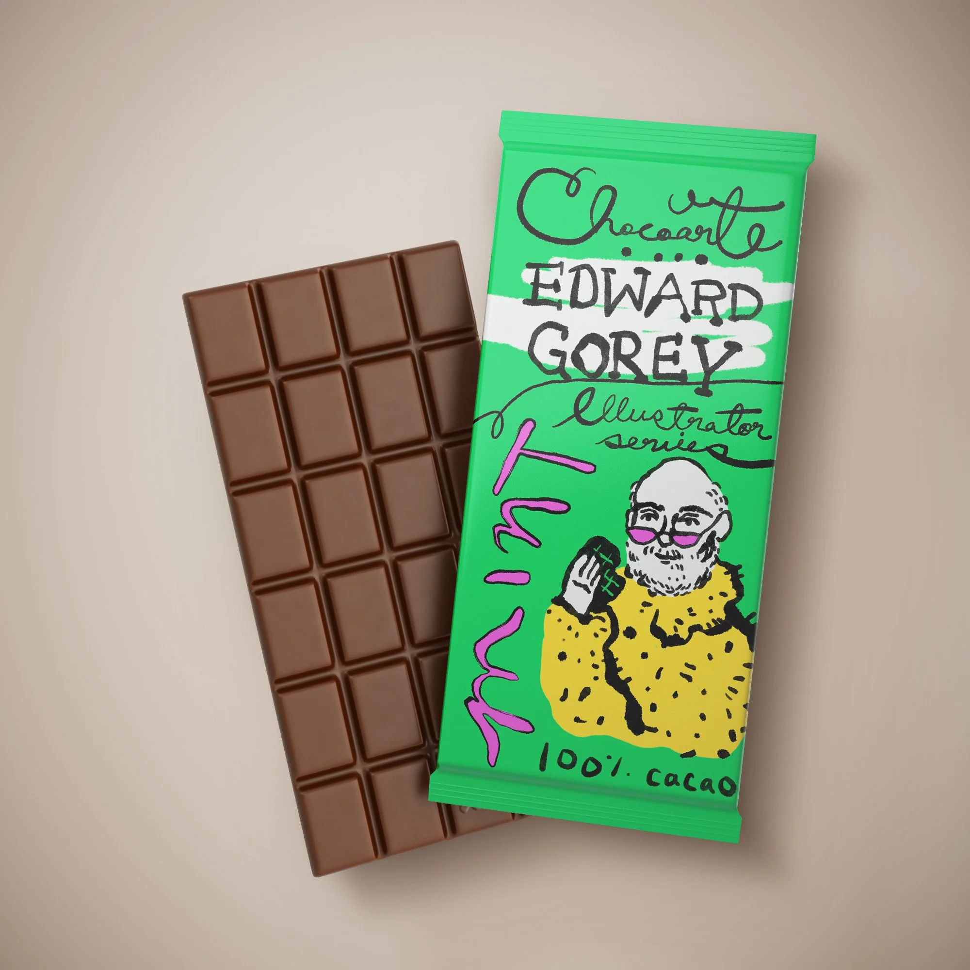 Self-initiated chocolate bar design using custom hand-lettering, created as part of an illustration series.