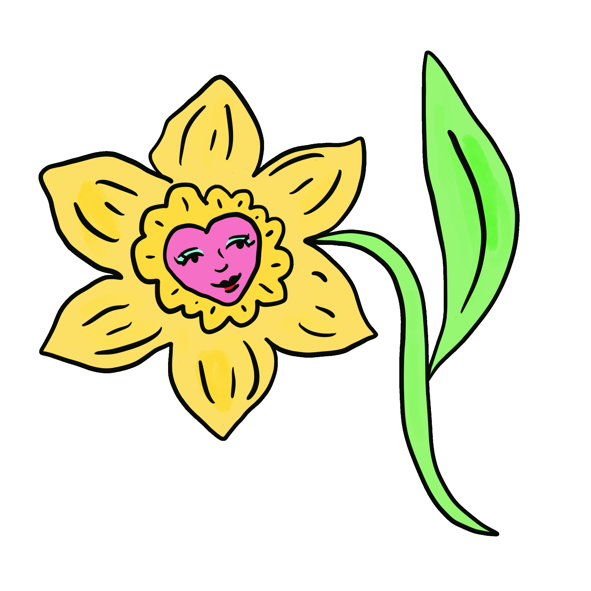 A cartoon drawing of a flower with yellow petals and a pink face in center, featuring eyes, eyebrows, a nose, and a smiling mouth, attached to a green stem with two leaves.