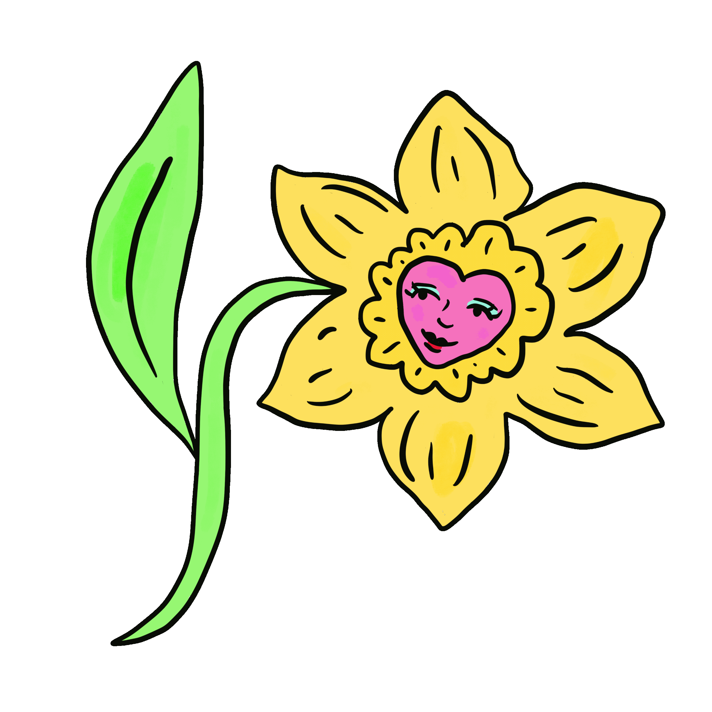 A yellow flower with a smiling pink face at its center, green leaf and stem, against a black background.