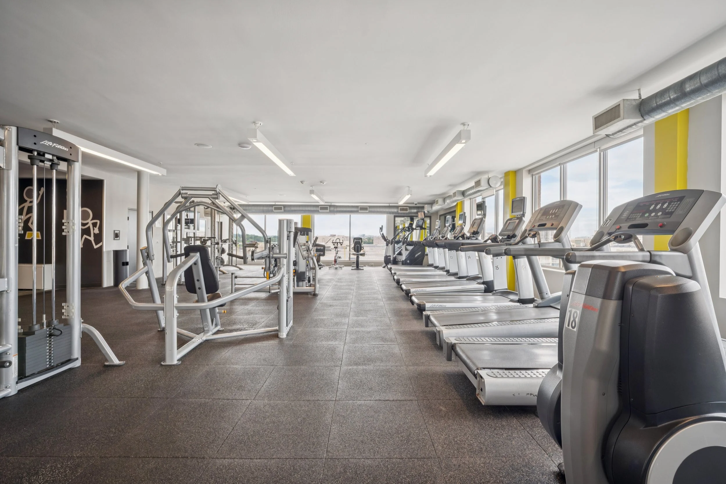 Empty cardio workout room with treadmills and exercise machines near large windows.