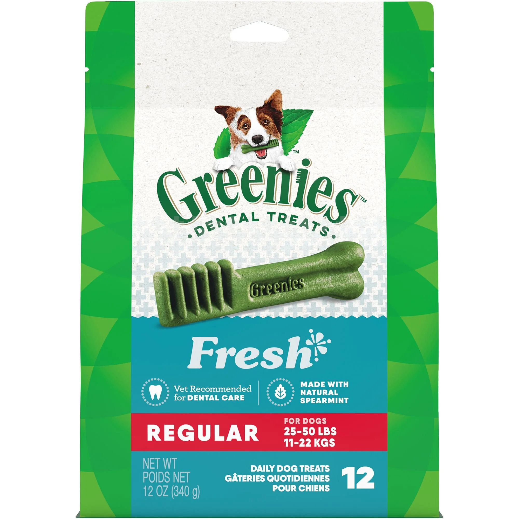 Greenies Dental Treats package for dogs, flavor Fresh, medium size, 12 treats, with a green bone-shaped treat illustration and a puppy holding a leaf in its mouth on the label.