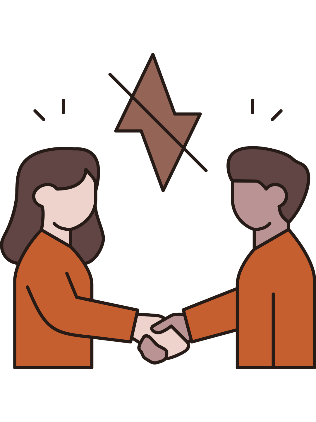 An illustration of two people shaking hands. There is a lightning bolt between them that has been struck out, indicating that there is no more stress.