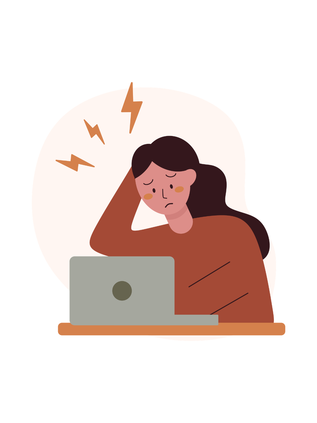 A cartoon woman sits staring at her laptop with confusion and frustration. There are lightning bolts surrounding her head to express stress.