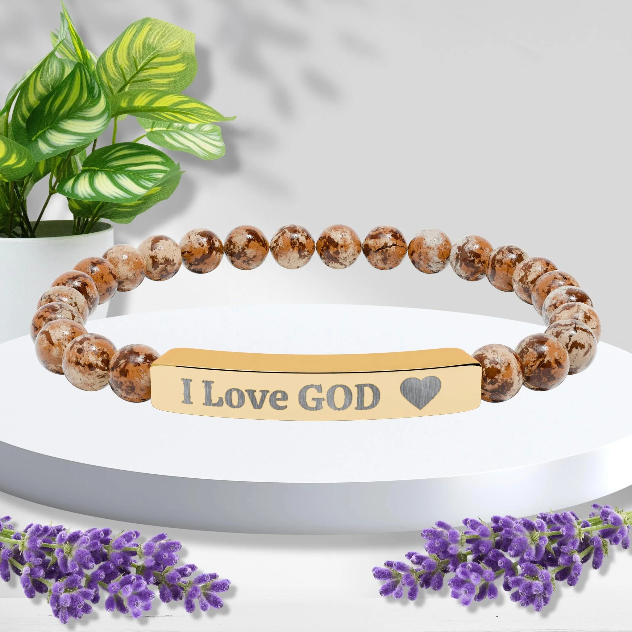 Engraved “I Love GOD” Natural Stone Bracelet