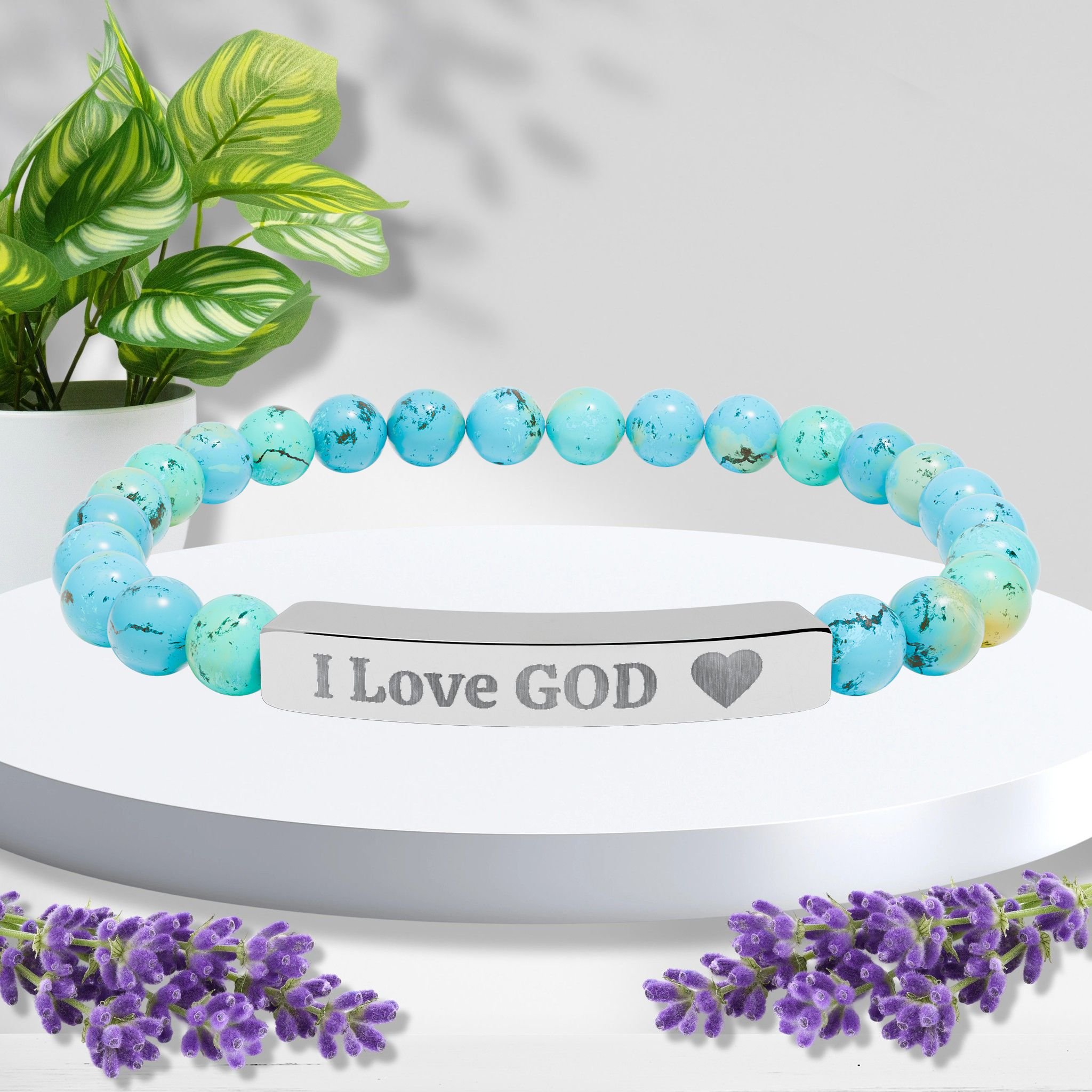 Engraved “I Love GOD” Natural Stone Bracelet