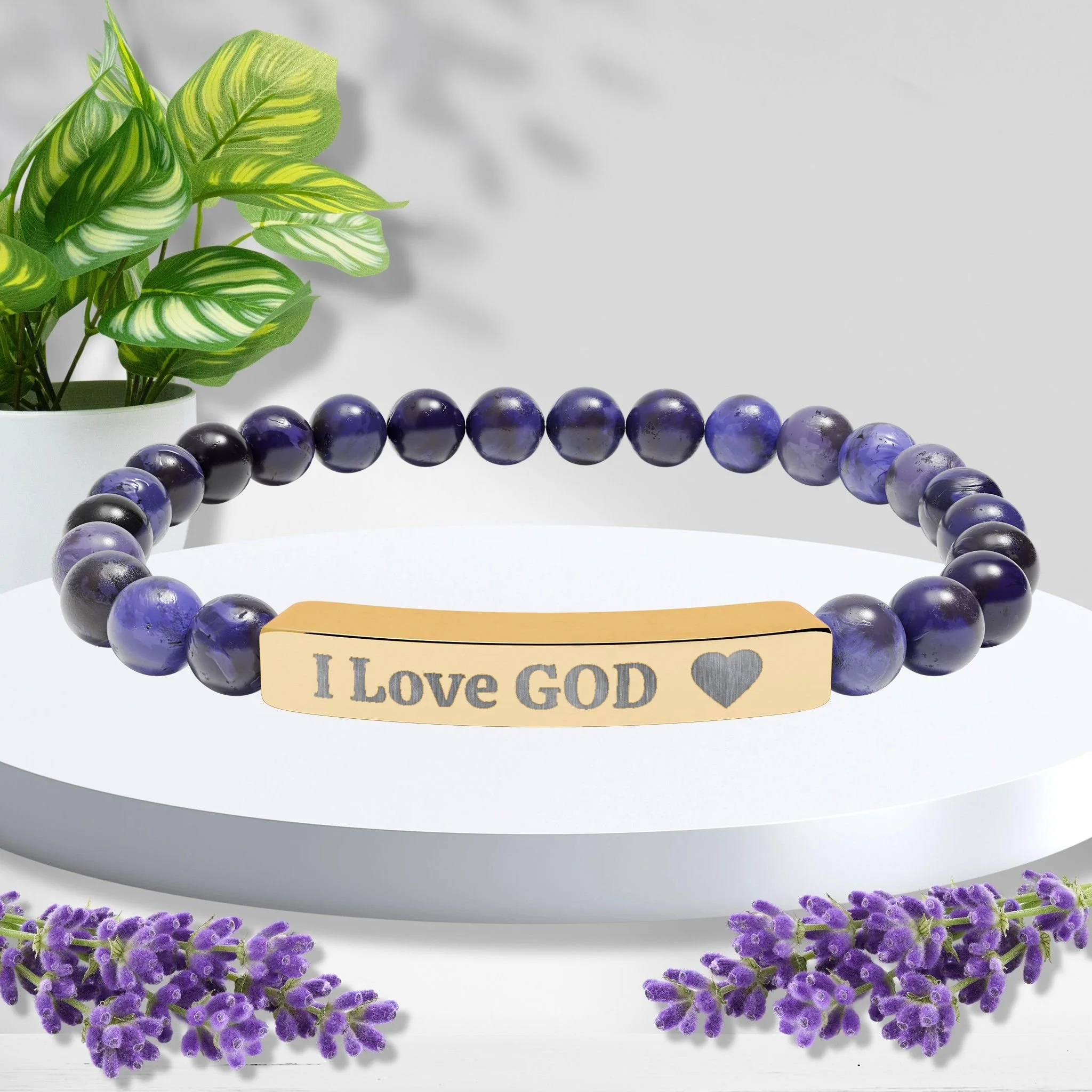 Engraved “I Love GOD” Natural Stone Bracelet