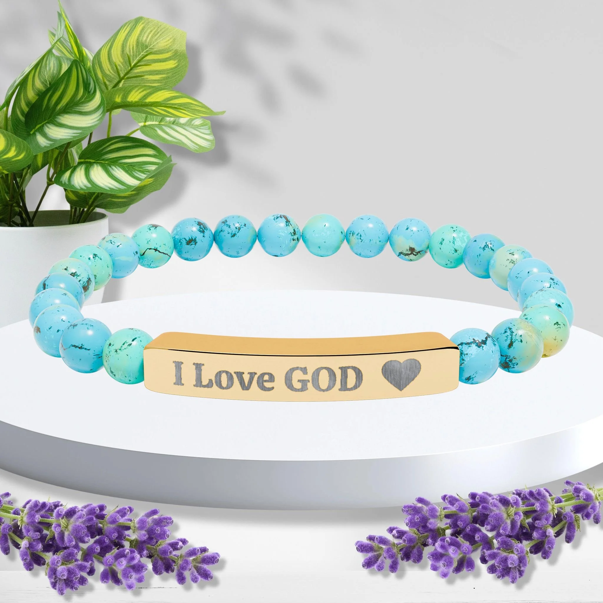 Engraved “I Love GOD” Natural Stone Bracelet
