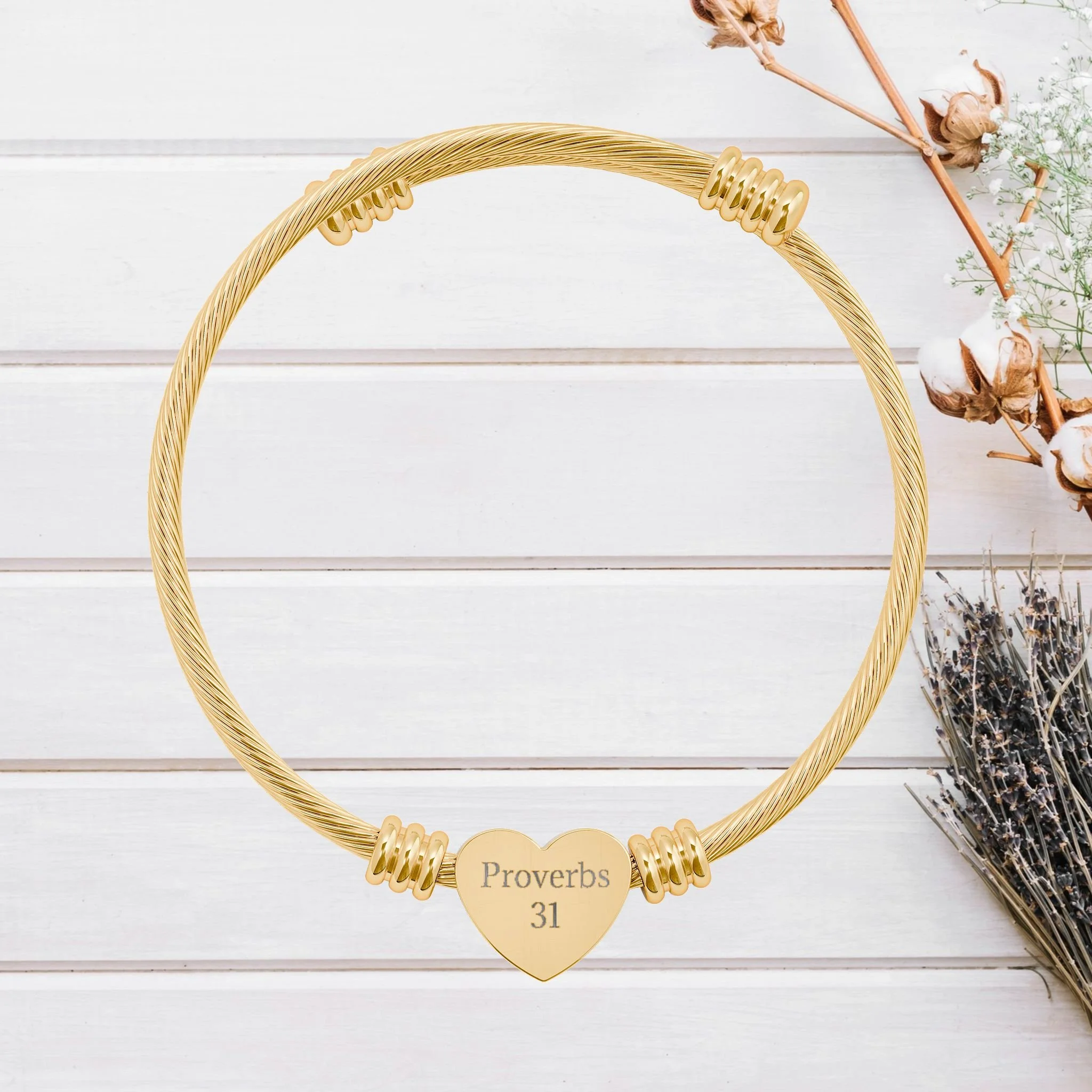 "Proverbs 31" Heart Cuff Cable Wire Bangle (Gold or Silver)