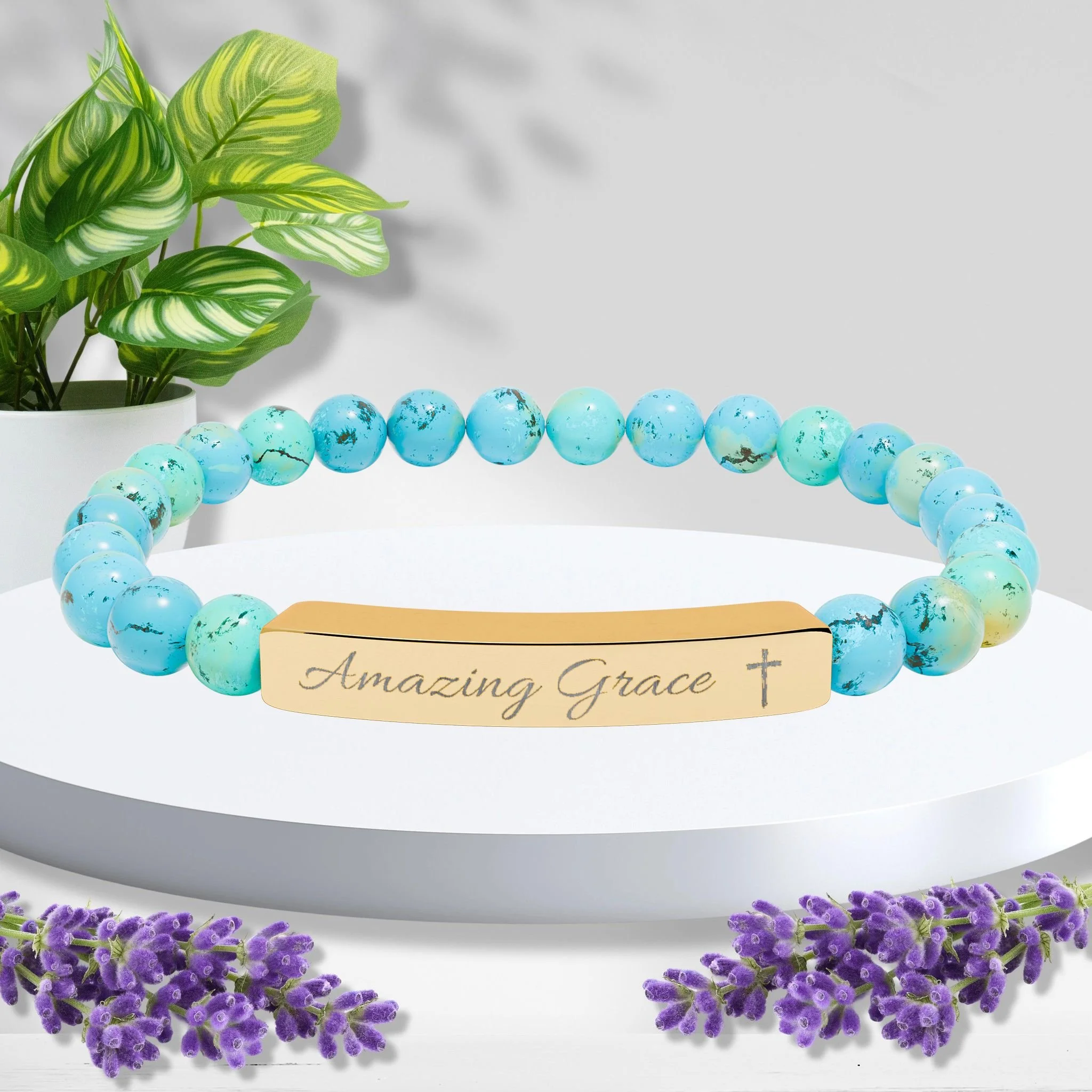 "Amazing Grace" Cross Engraved Natural Stone Stretch Bracelet