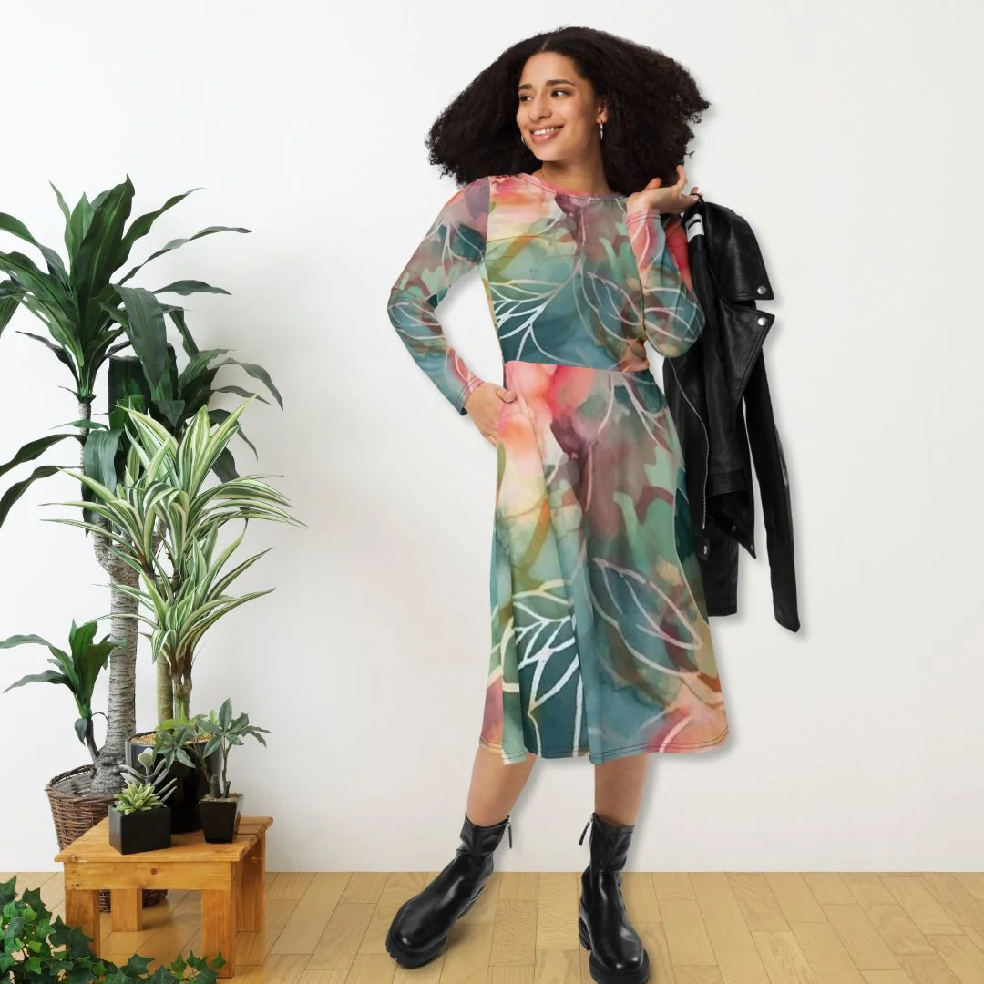 Deep Forest All-over Print Long Sleeve Midi Dress