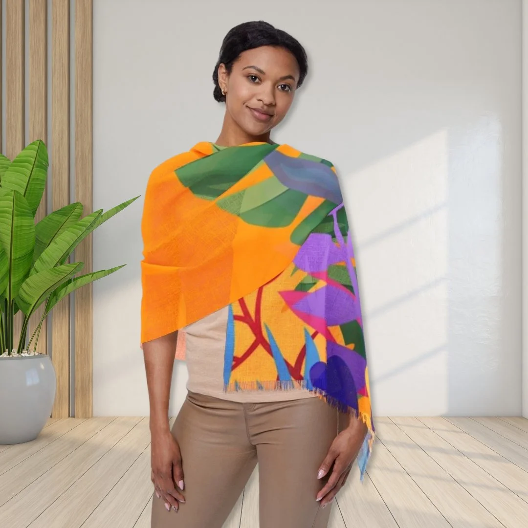 Tropical Botanical Lightweight Scarf — Bright Floral Leaf Print