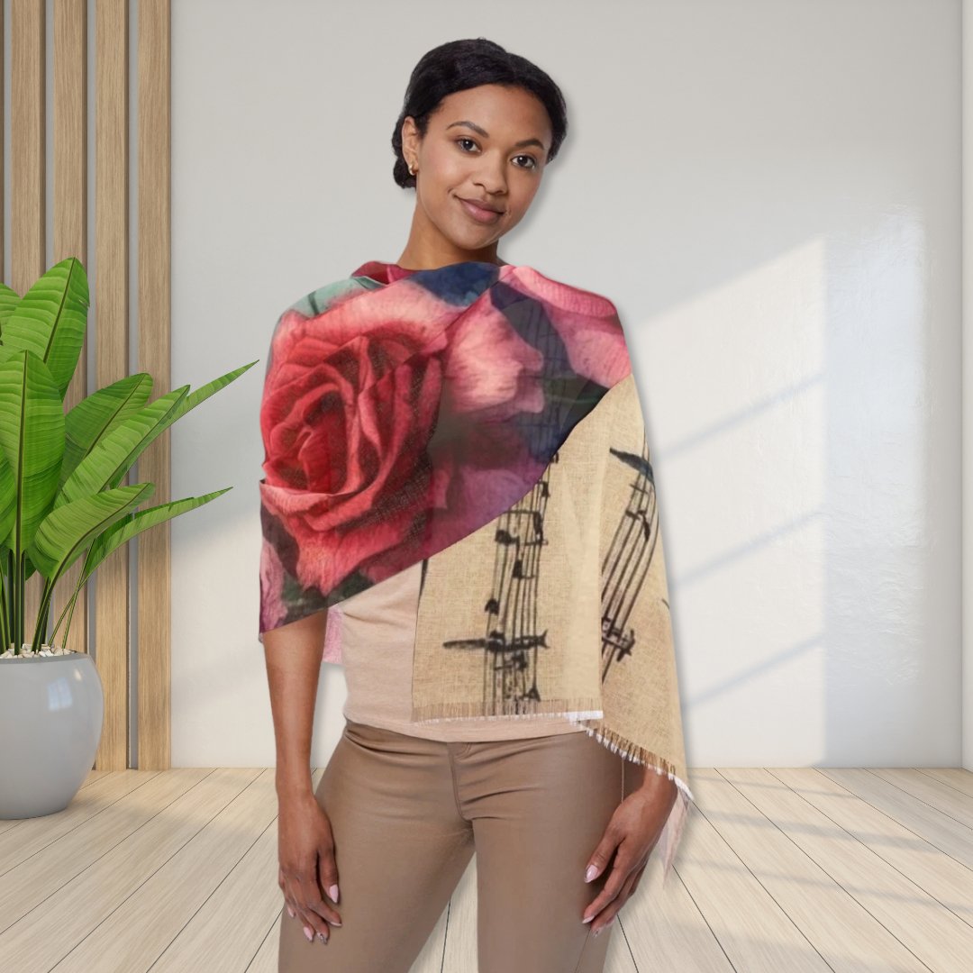 Paris Rose Lightweight Scarf – Eiffel Tower Floral Music Print