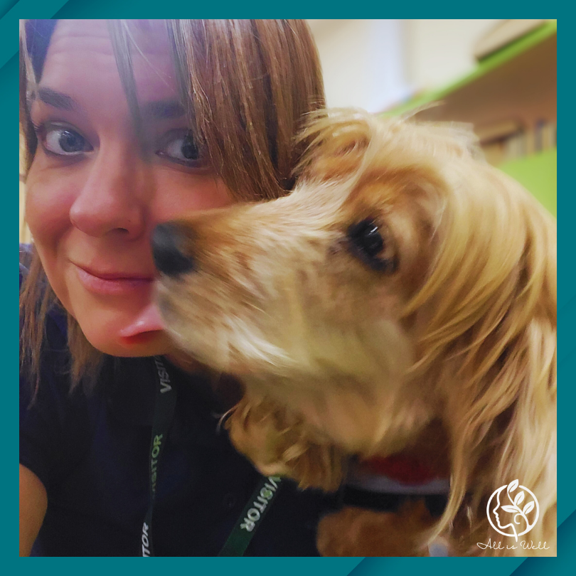 Catherine and Therapy Dog Lola from All Is Well Approach in a school in Liverpool