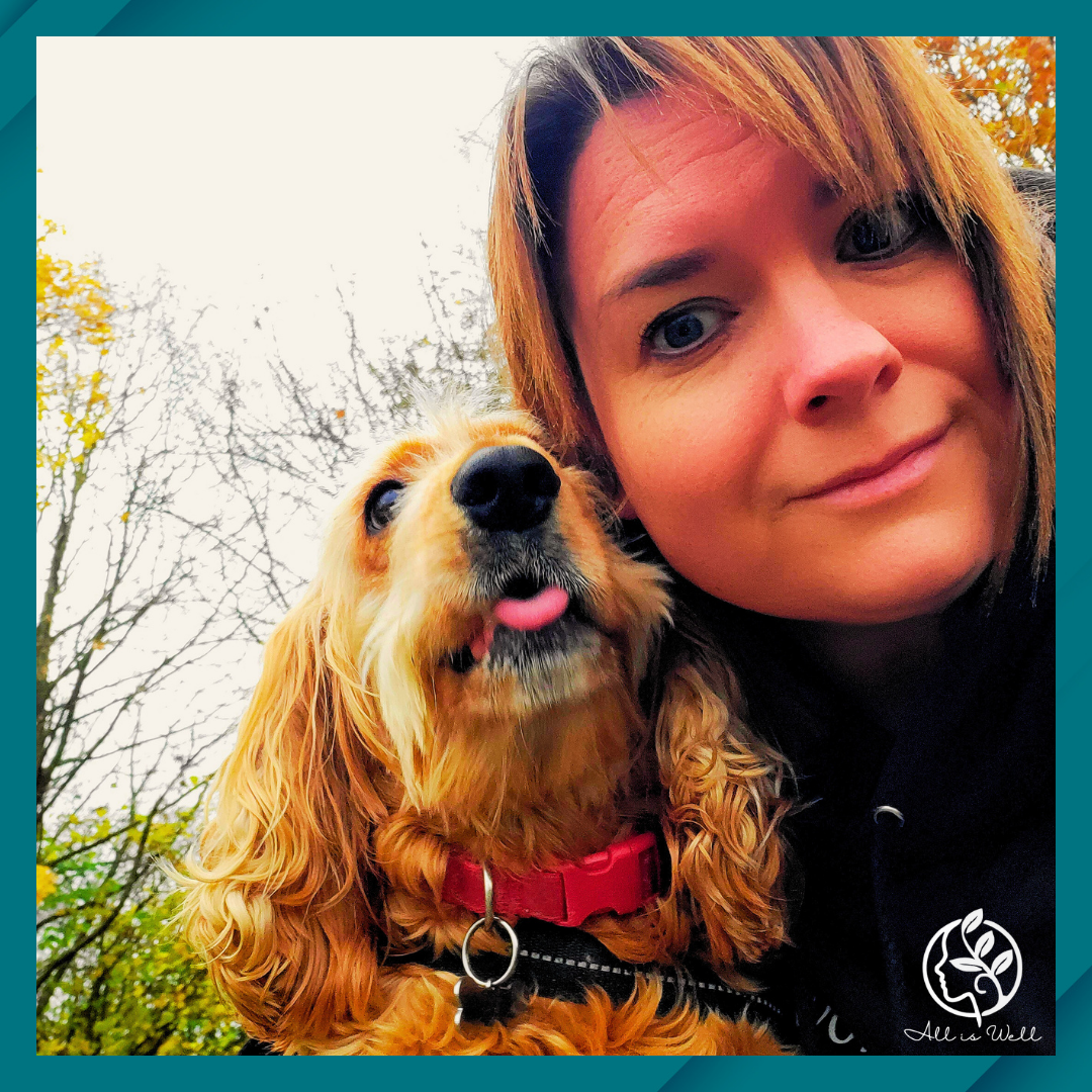 Therapy Dog Lola and Catherine Whitlow on a walk in the Autumn