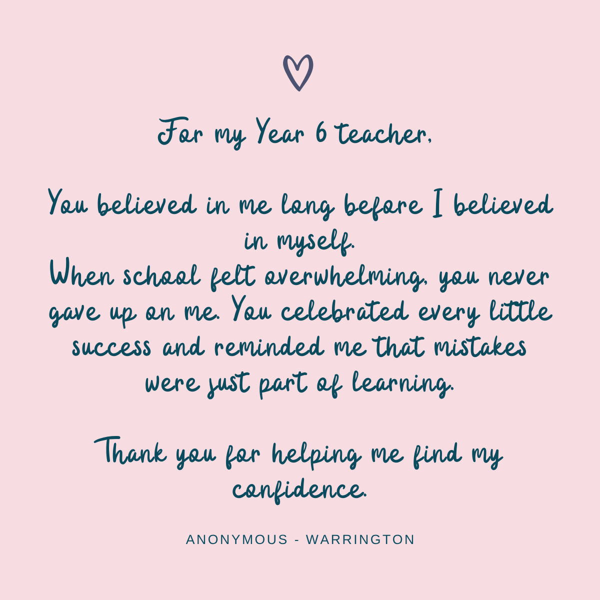 Anonymous SHINE Wall nomination thanking a teacher for supporting children's confidence and wellbeing All Is Well Approach