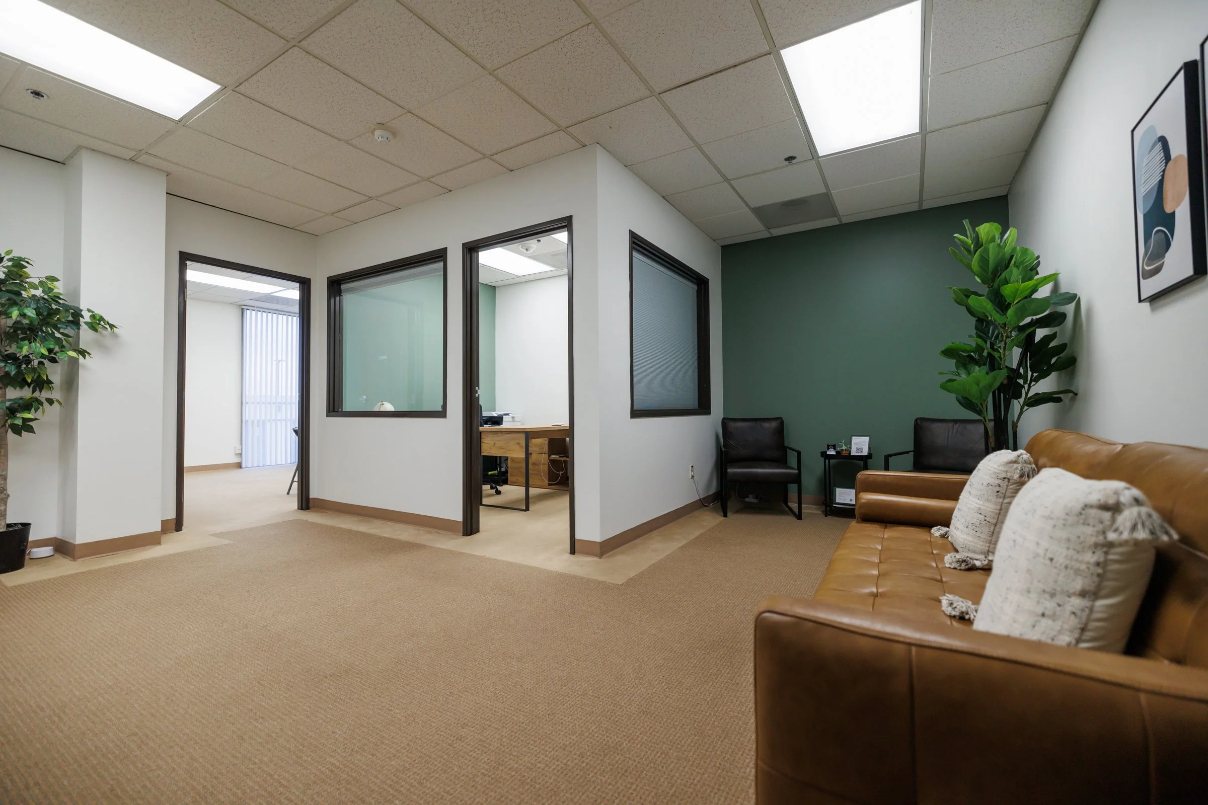 Office waiting area with beige carpet, leather sofa with pillows, black chairs, green accent wall, potted plant, and framed artwork.
