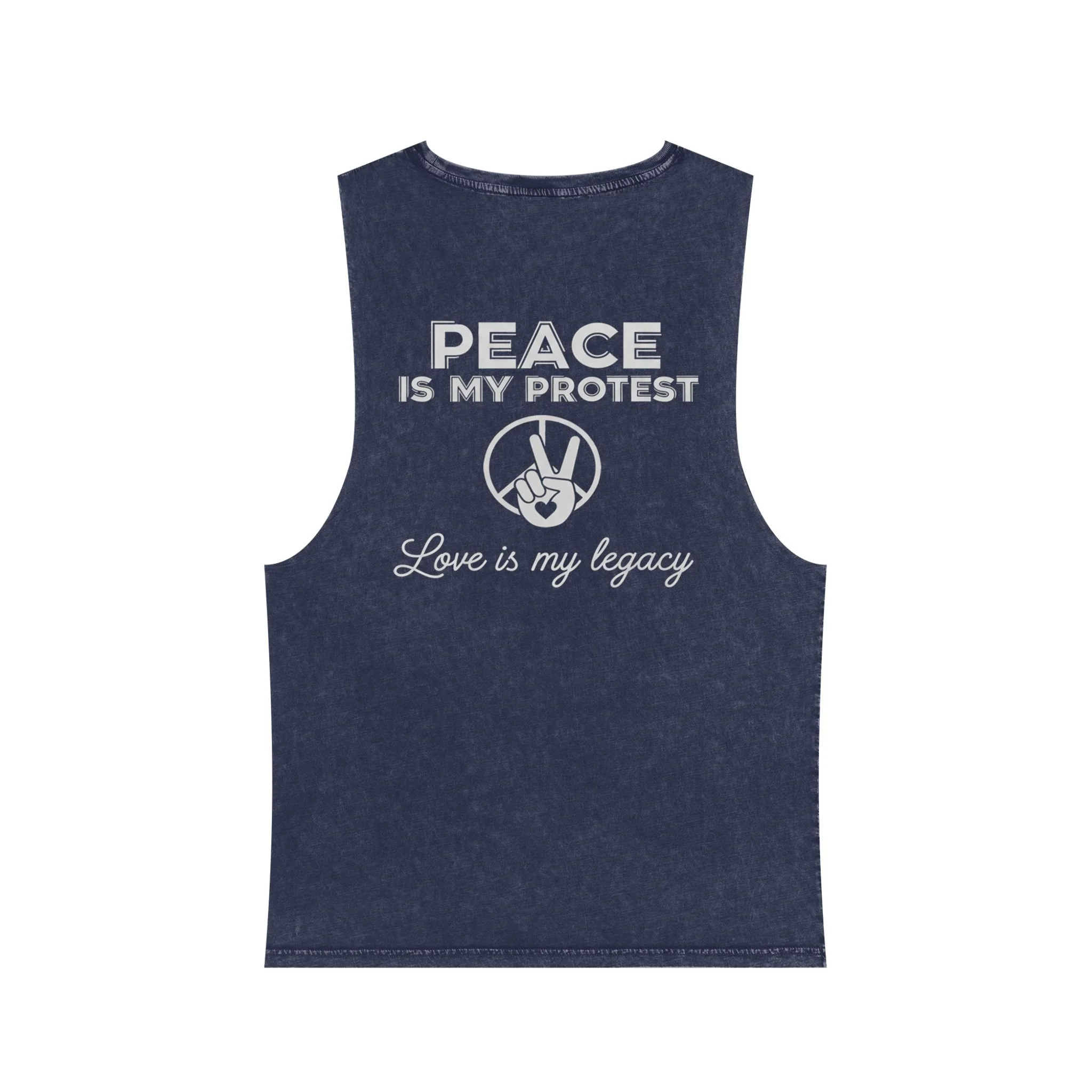 Sleeveless denim shirt with text: 'PEACE IS MY PROTEST' and 'Love is my legacy', featuring a peace sign with a hand making a peace gesture.