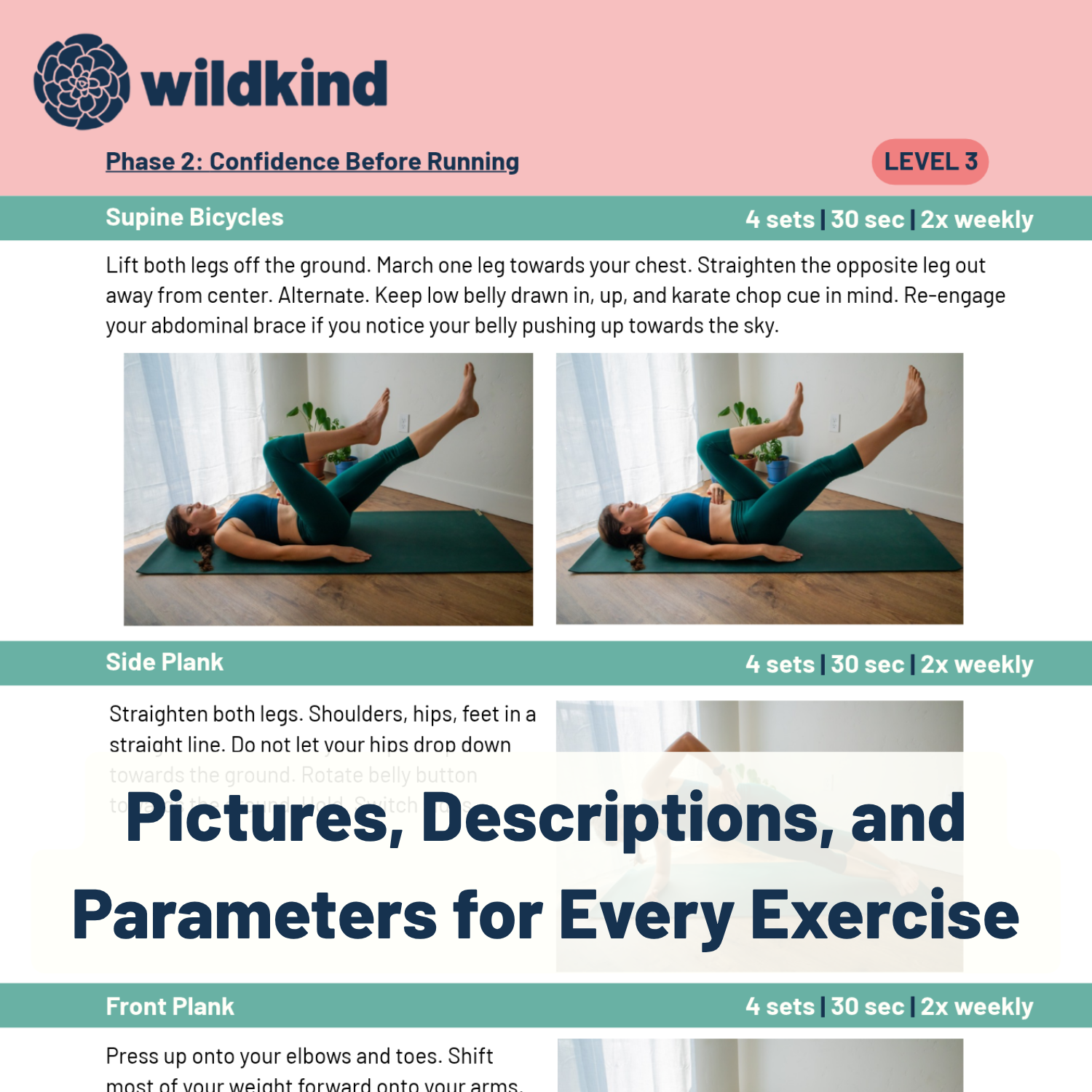 An image of an example page from a PDF guide that shows images of a woman doing an exercise on her back and a description of the exercise.