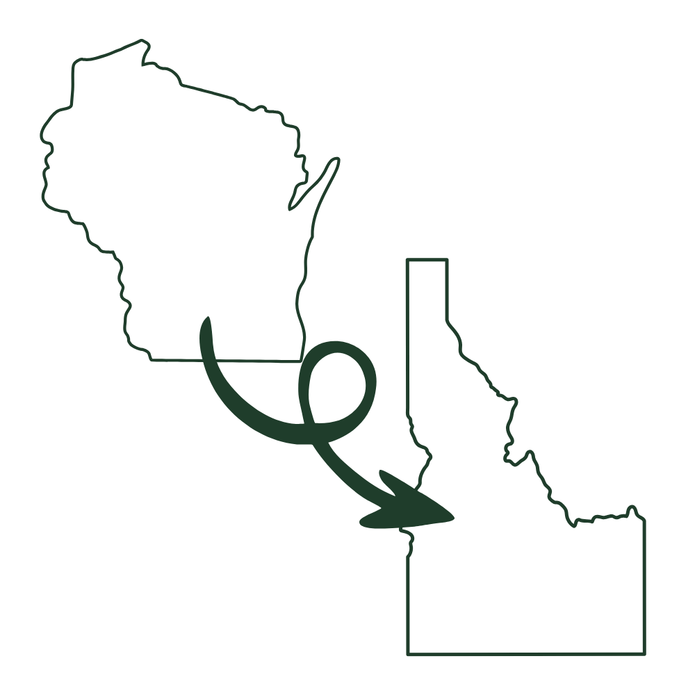 Outline map of Wisconsin and Idaho with an arrow showing movement from Wisconsin to Idaho.