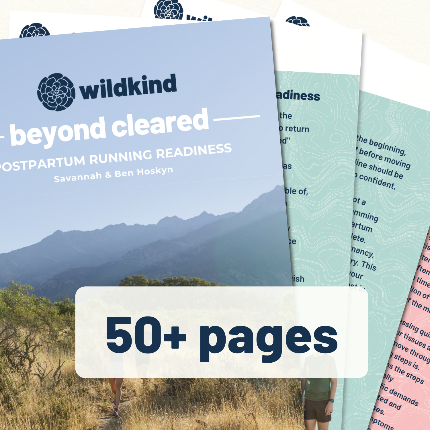 A photo showing multiple pages of PDF guide fanned out with the words "50+ pages" over the top.