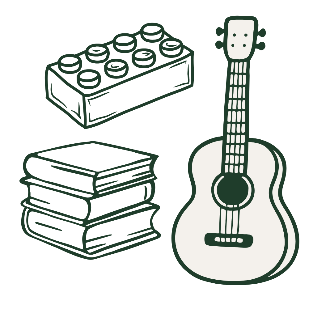 Illustration of a guitar, a stack of books, and a LEGO brick.