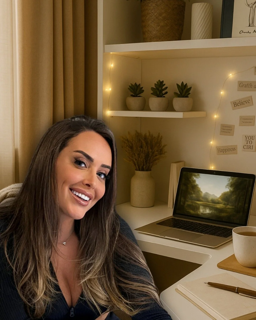 Fay Harris working at her cosy desk with a warm, autumn-inspired aesthetic