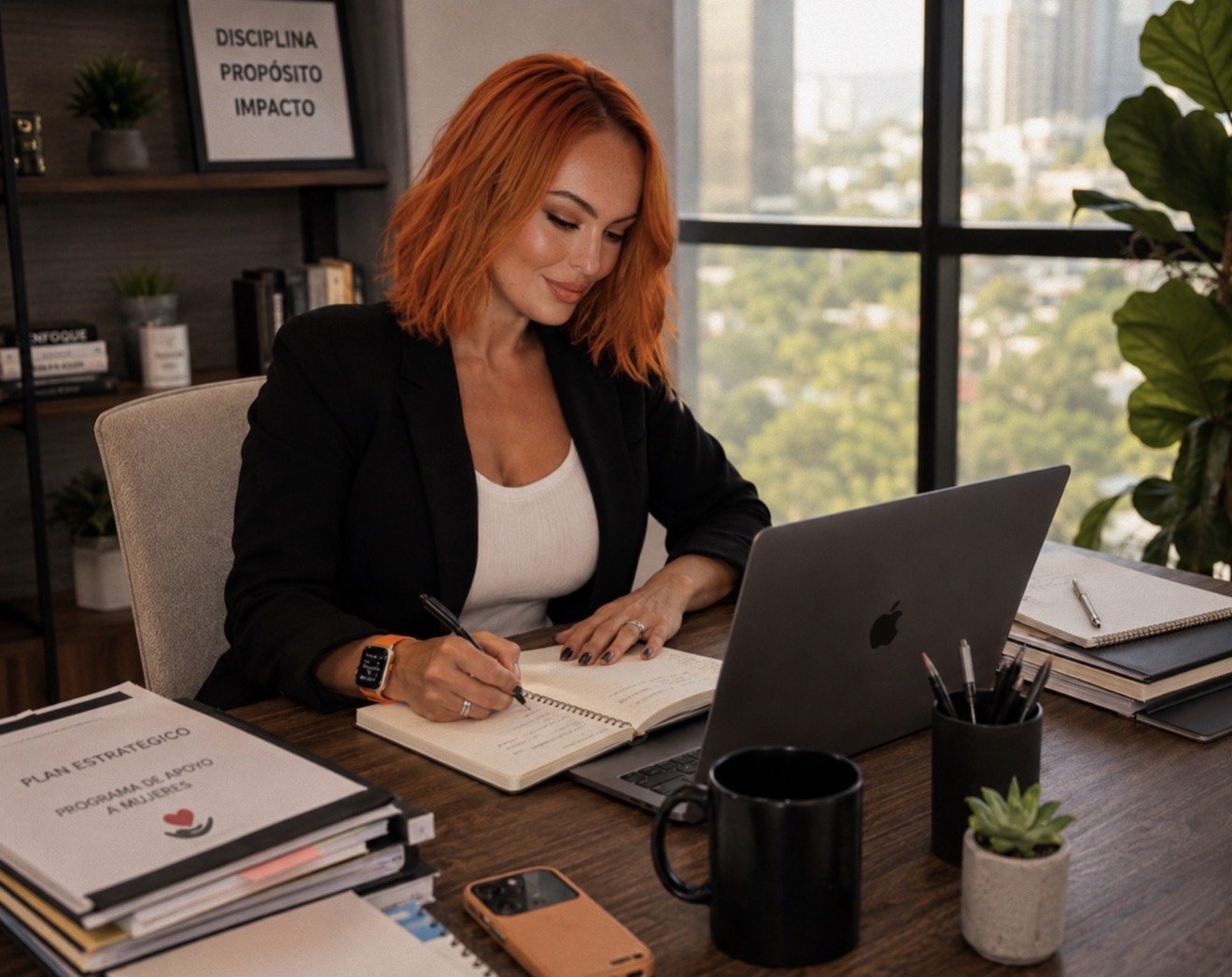 Mujer con cabello rojo trabajando en una oficina, toma notas en un cuaderno, rodeada de papeles, computadora portátil, tazas, y plantas, con vista urbana a través de ventanas grandes.