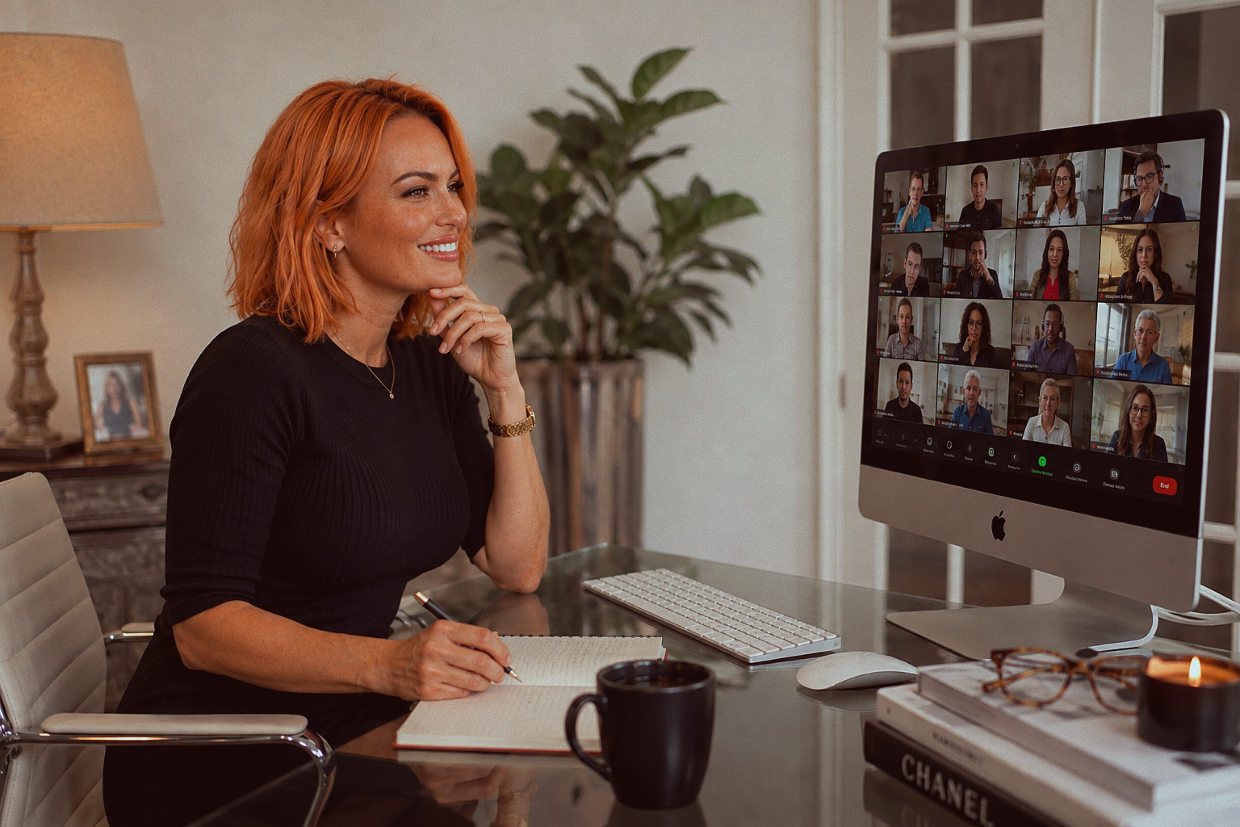Mujer tomando una videollamada en su oficina, sentada frente a una computadora con pantalla que muestra varias personas en una reunión virtual.
