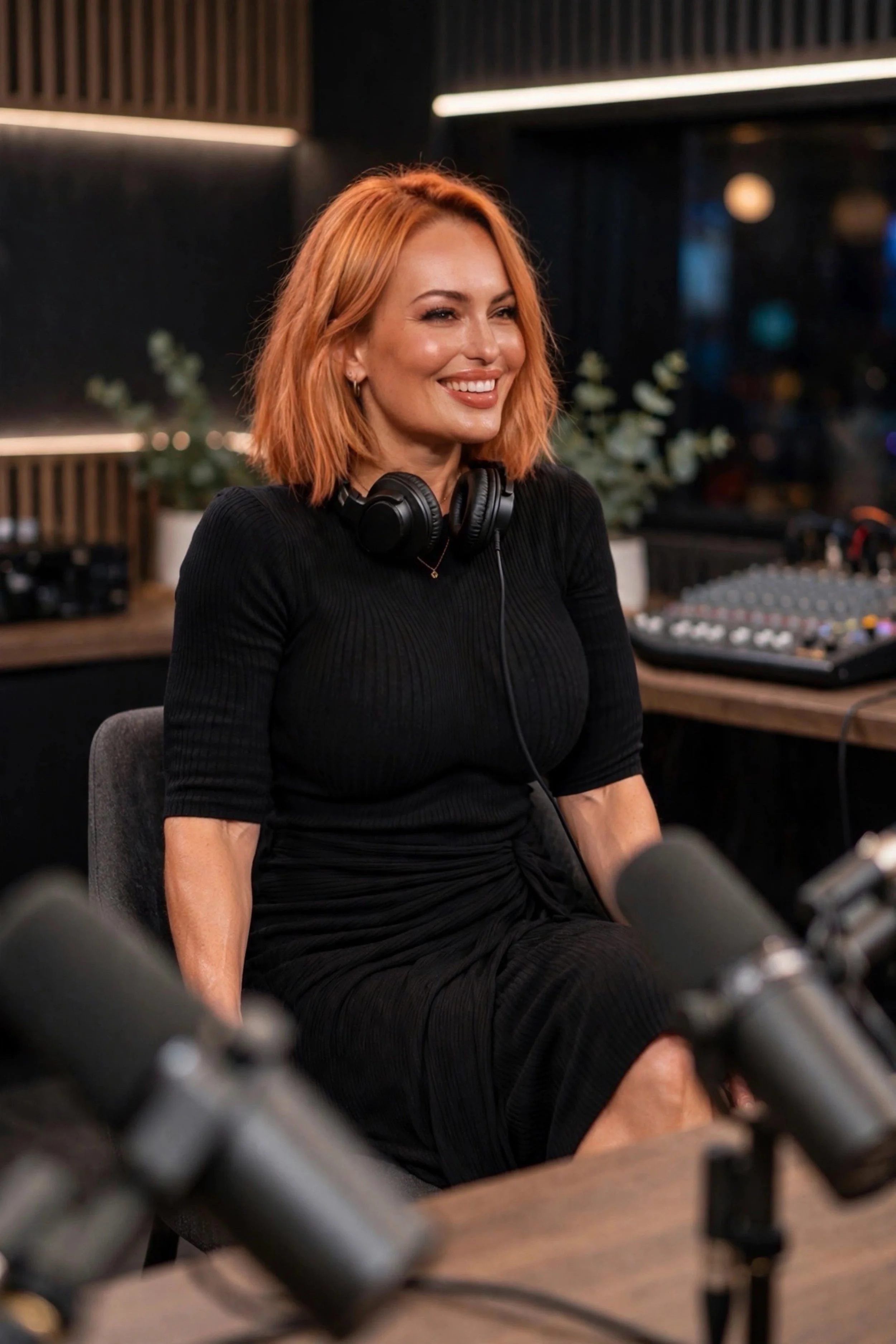 Mujer con cabello naranja y rizado, sonriendo, usando una bufanda y auriculares, en un estudio de grabación.
