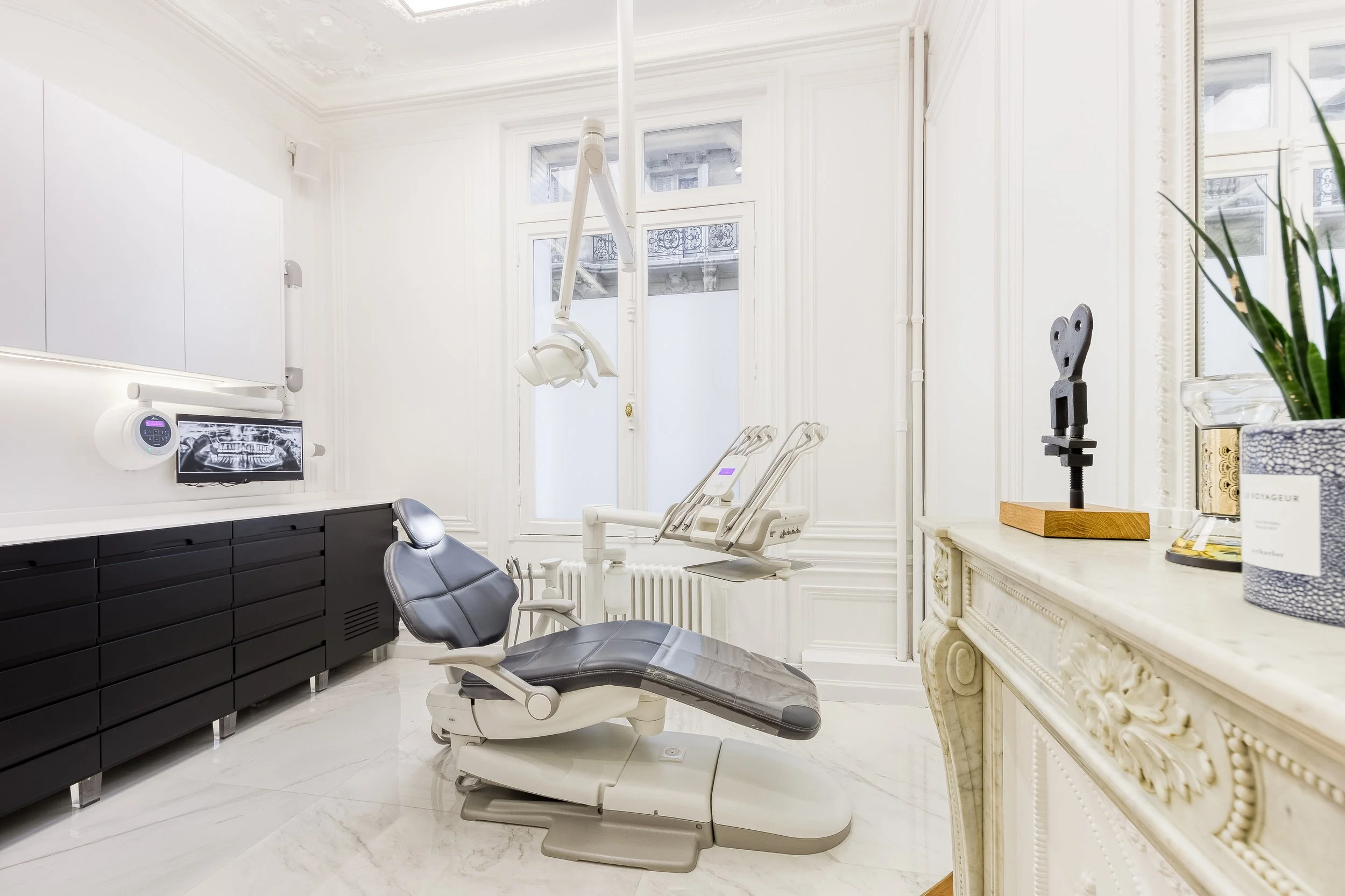 Salle de dentiste moderne avec un fauteuil dentaire gris et une lumière suspendue, murs blancs, grand fenêtres, décor élégant, surface de comptoir en marbre avec une sculpture artistique et une plante.
