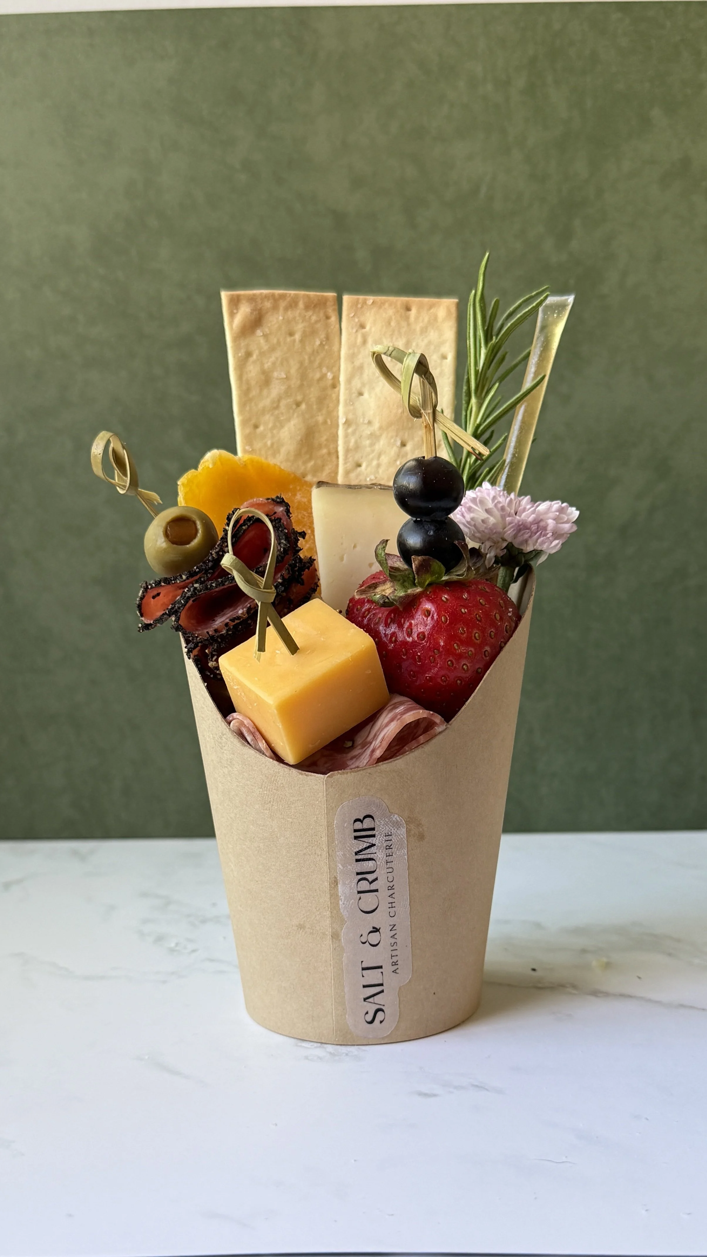 Salt & Crumb deluxe charcuterie cup with seasonal meats, artisan cheese, fresh fruit, and crackers — Silicon Valley corporate gifting