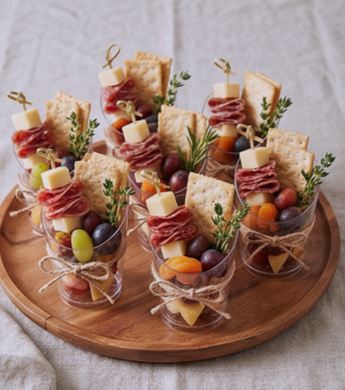 Party appetizer cups with cheese, prosciutto, crackers, grapes, and herbs on a wooden tray.