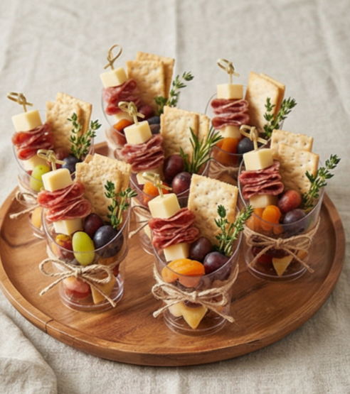 Six individual charcuterie cups containing cheese, cured meat, grapes, and crackers, decorated with sprigs of herbs and tied with twine, arranged on a round wooden tray.
