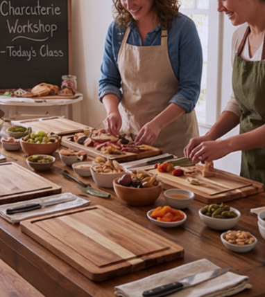 Two women preparing and arranging meat, cheese and fruit on a kitchen counter during a charcuterie workshop.