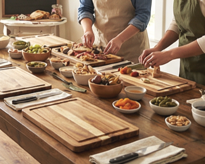 Two people preparing food in a kitchen with various bowls and cutting boards on the counter.