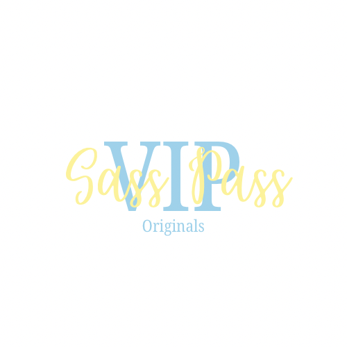 Logo with the text "VIP Sass Pass Originals" in pastel yellow and blue colors.