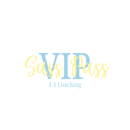 Logo with the words "VIP Sass Pass" and "1-1 Coaching" in yellow and blue text on a white background.