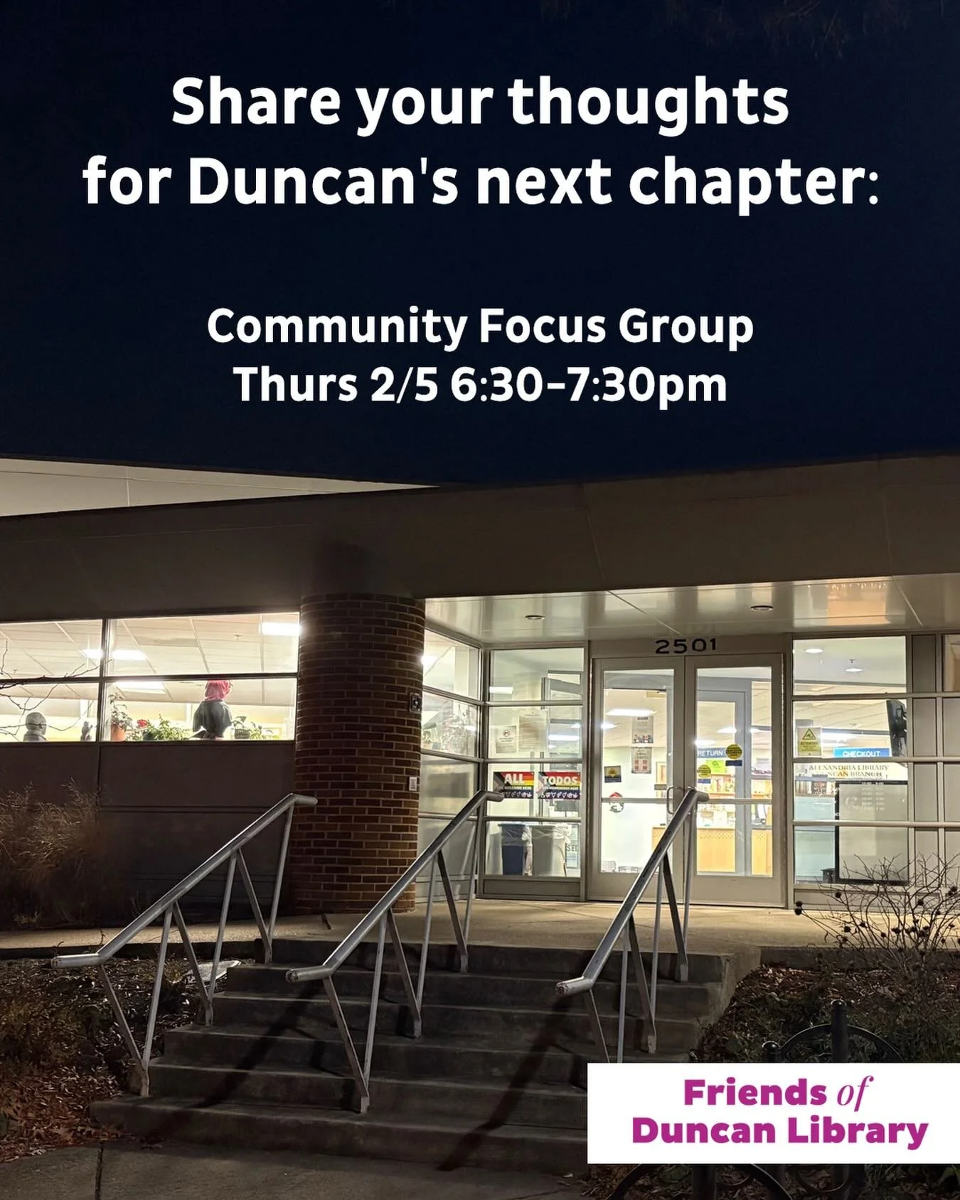 What should the next 5 years at Duncan look like? Help shape the future by sharing your thoughts at the community focus group on Thursday 2/5, 6:30 to 7:30pm at Duncan Library. Registration encouraged but not required, link in bio. #fodl #delrayva #f