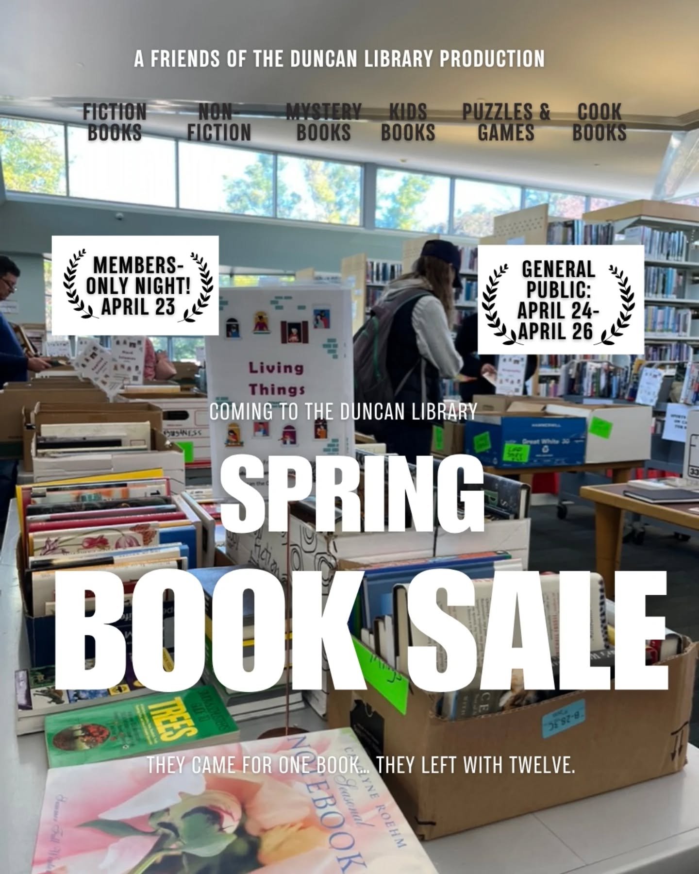 Coming soon to a tote bag near you: the spring book sale at Duncan Library.

This spring, the only thing overdue is your book haul.&nbsp;

Thursday, April 23, 2026, 4:00-8:00 p.m.
Members-Only Preview Sale

Friday, April 24, 2026, 10:00 a.m.-5:00 p.m