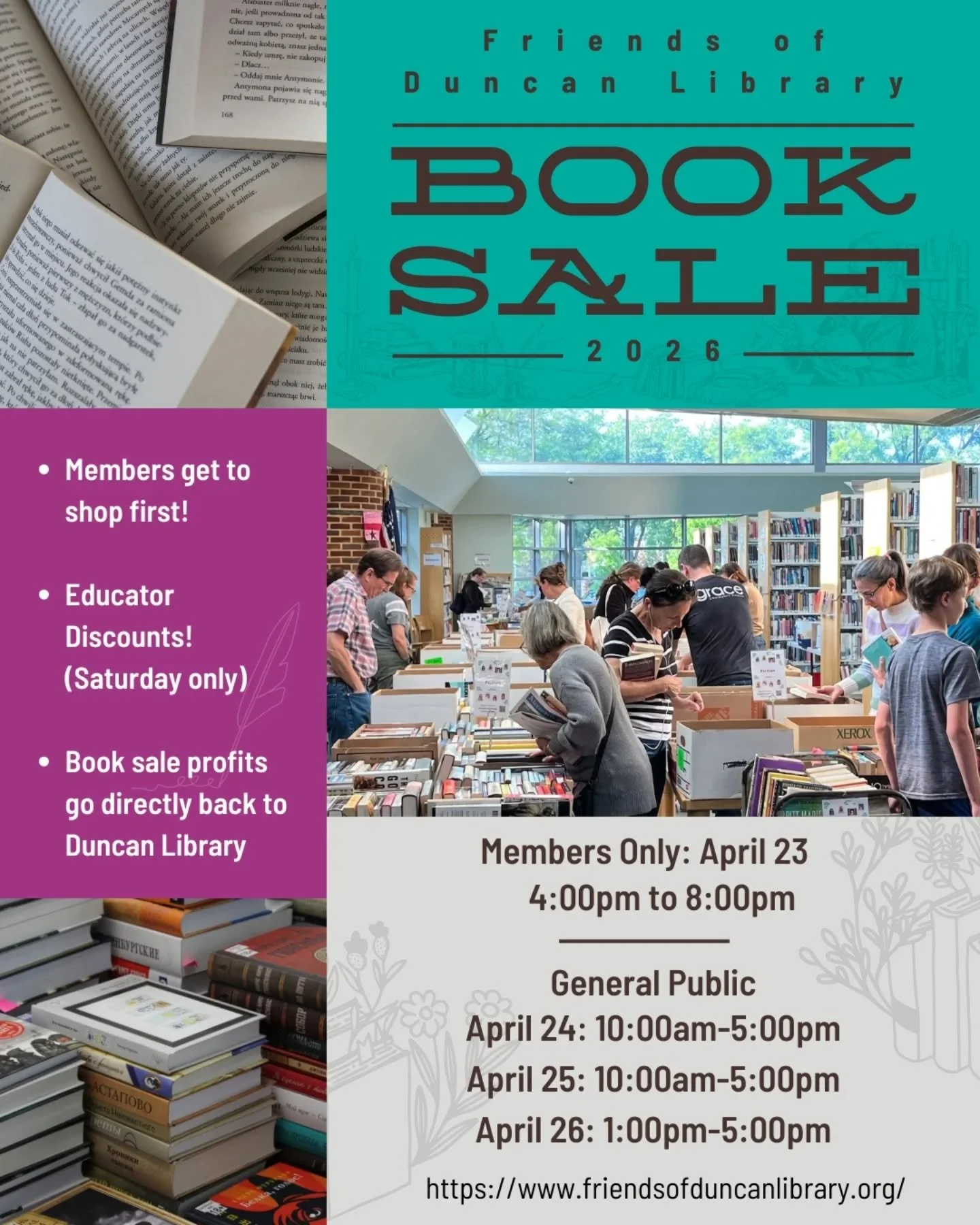 Starting next week, April 23rd through the 26th, shop the Duncan Library Book Sale for the unexpected &mdash; a new genre, a new author, a new obsession. You might just find your next favorite author or genre!&nbsp;

#AlexandriaLibrary&nbsp;#alexandr