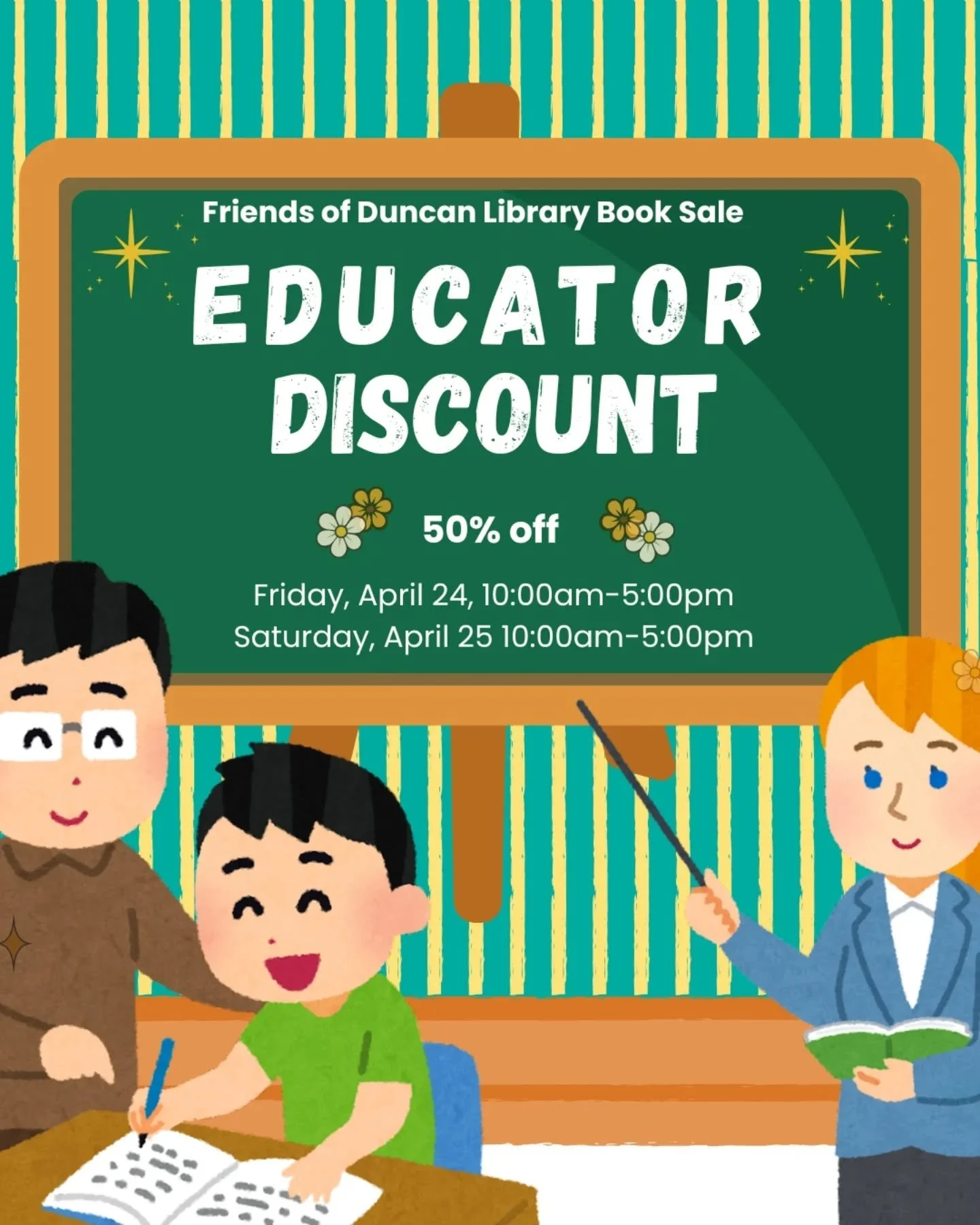 Educators&mdash;you make learning happen every day, so we&rsquo;re making your book haul a little sweeter.

Join us at our spring book sale and enjoy exclusive educator discounts as a small thank-you for all that you do.&nbsp;

Don&rsquo;t forget you