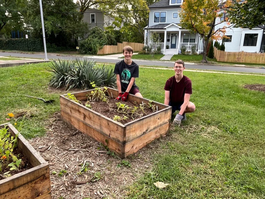 Two boys kneeling next to a wooden planter box with small plants, in a grassy yard with a house and trees in the background.