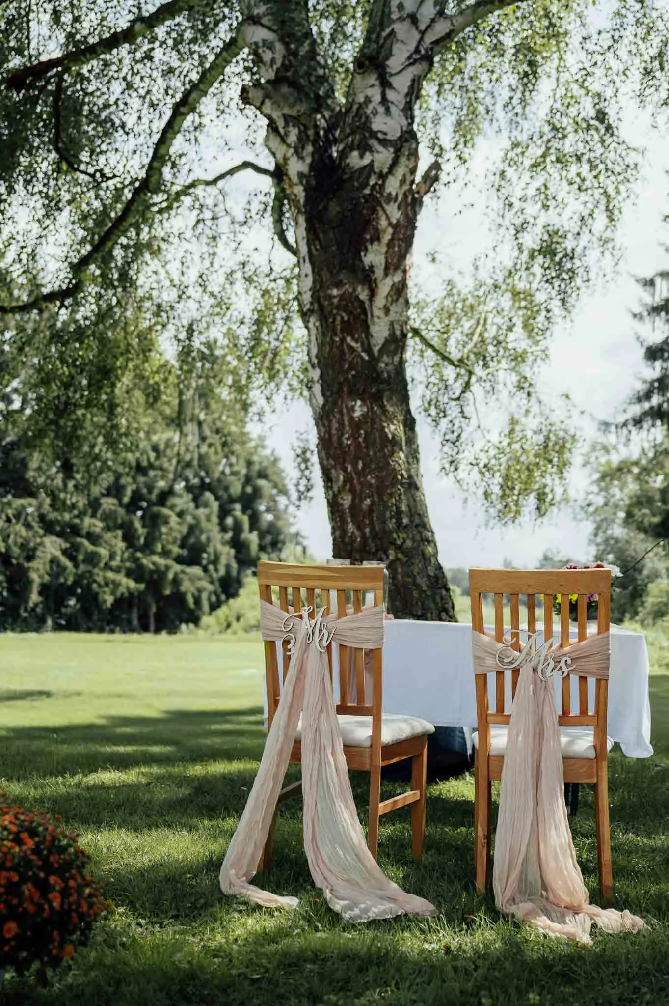 Ein Tisch und zwei Stühle im Freien, mit Dekorationen für eine Hochzeit, vor einem großen Baum im Grünen.