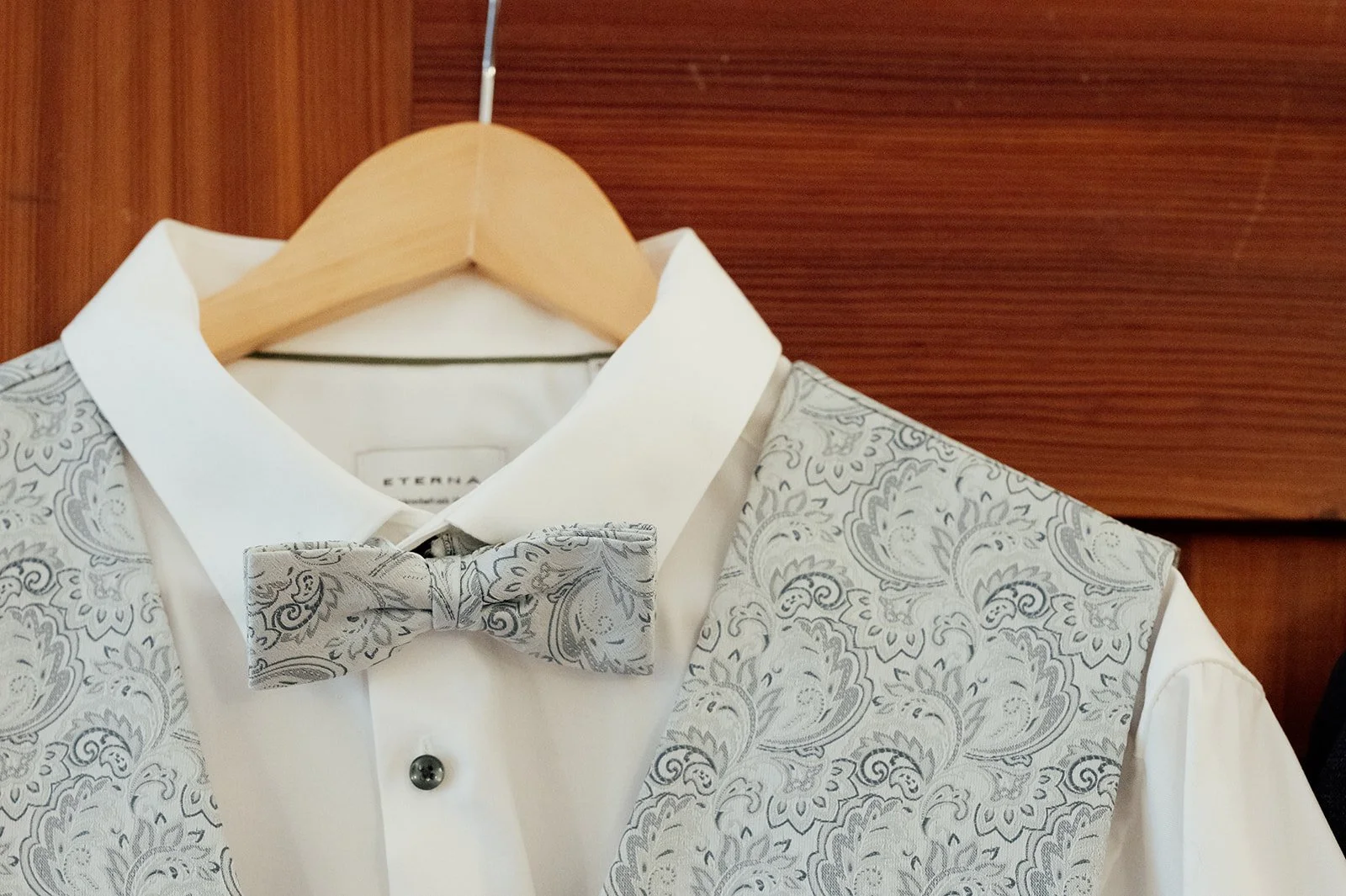 Detailaufnahme von einer hellen blau-grauen Fliege, die sich bereits im Hemdkragen befindet